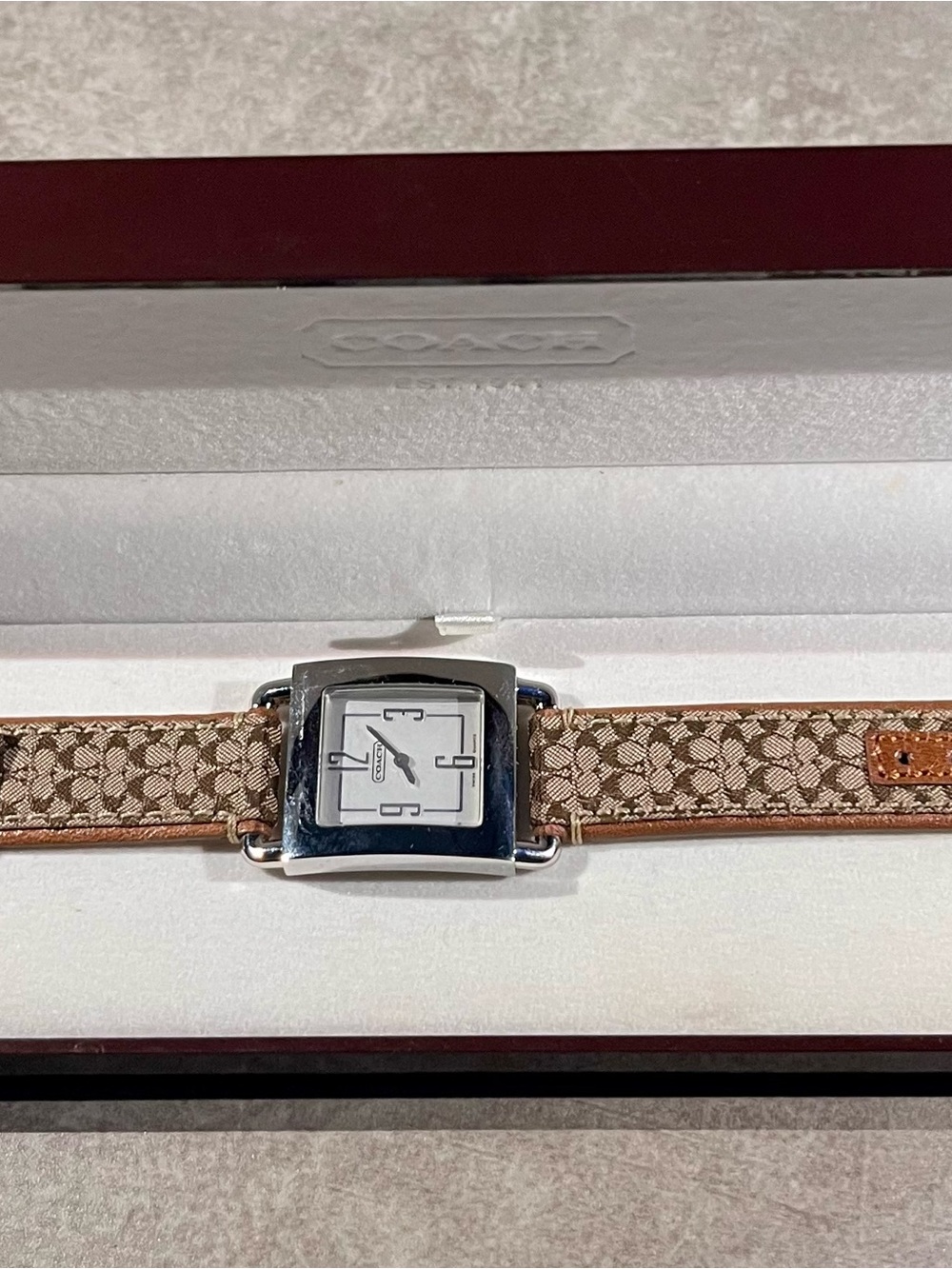 Coach Ladies Square Silver-Tone Watch with Tan Signature Canvas Strap